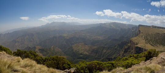 Landscape panorama view of the Simien Mountains National Park in the highlands of northern Ethiopia.