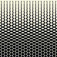 Abstract seamless geometric circle pattern. Mosaic background of black circles. Evenly spaced shapes of different sizes. Vector illustration on beige background