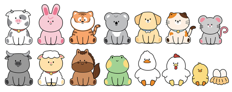 Set of cute animals in sit poses on white background.Cartoon character deign collection.Smile face.Isolated.Kawaii.Vector.Illustration.