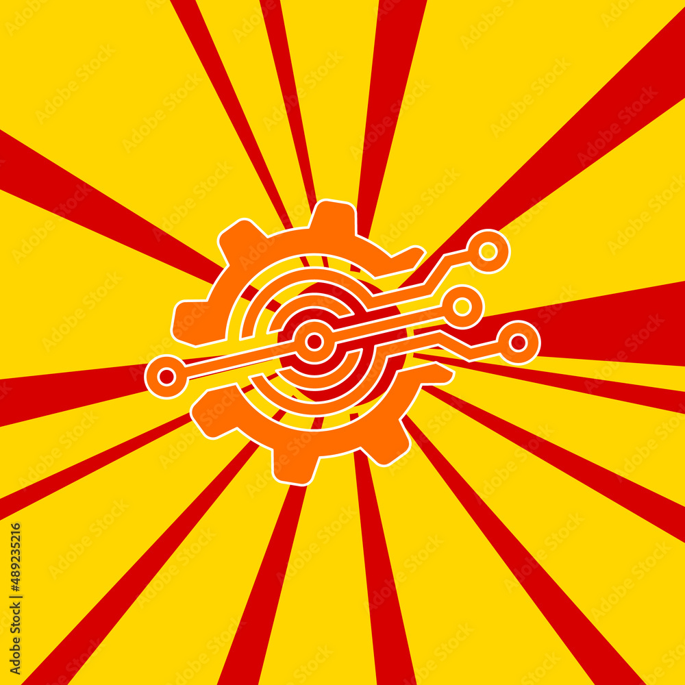 Poster digital tech symbol on a background of red flash explosion radial lines. the large orange symbol is 