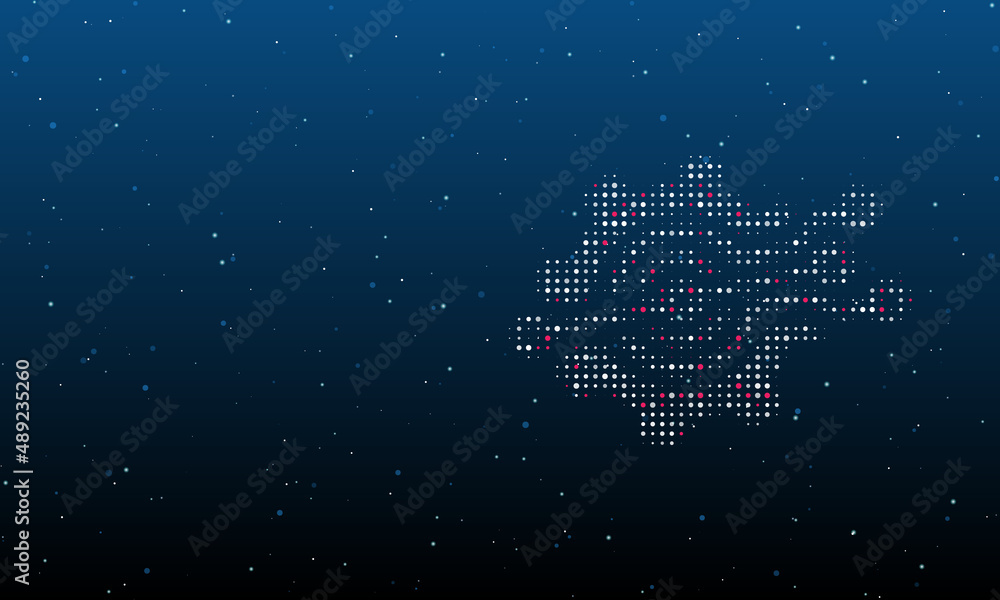 Poster on the right is the digital tech symbol filled with white dots. background pattern from dots and cir