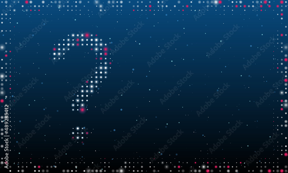 Poster on the left is the question symbol filled with white dots. pointillism style. abstract futuristic fr