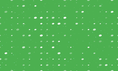 Seamless background pattern of evenly spaced white explosion symbols of different sizes and opacity. Vector illustration on green background with stars