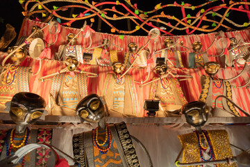 Night image of decorated Durga Puja pandal, shot at colored light, at Kolkata, West Bengal, India....