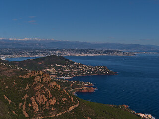 Fototapeta na wymiar Beautiful aerial panoramic view of the French Riviera viewed from Cap Roux (Estrel mountains) near Saint-Raphael, France with Gulf of Napoule.