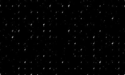 Seamless background pattern of evenly spaced white flamingos symbols of different sizes and opacity. Vector illustration on black background with stars