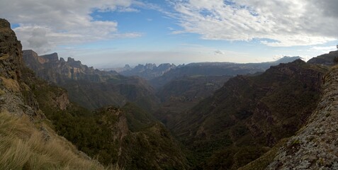 Fototapeta na wymiar Landscape panorama view of the Simien Mountains National Park in the highlands of northern Ethiopia.