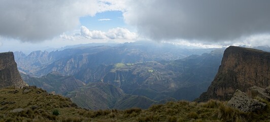 Landscape panorama view of the Simien Mountains National Park in the highlands of northern Ethiopia.