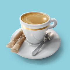 Detailed illustration of a cup of coffee with decorative gold ribbon, plate, spoon and sugar sachets on blue background. Digital painting