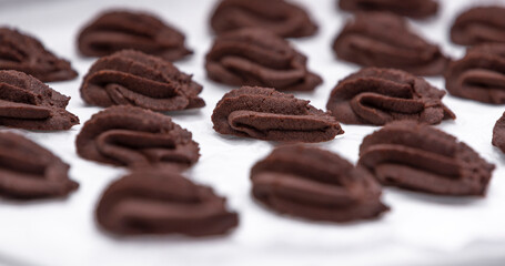 Rows of chocolate cookies on white baking paper. Image from above