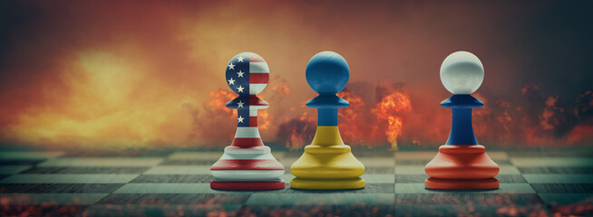 Ukraine, US and Russia conflict. 3D illustration.