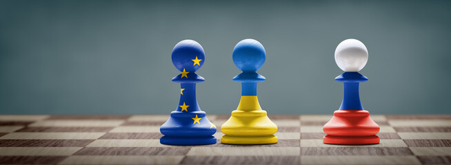 Ukraine, EU and Russia conflict. 3D illustration. - obrazy, fototapety, plakaty