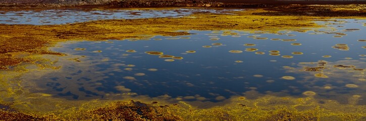 Panorama of surreal colors and Mars like landscape created by Sulphur springs in the hottest place on earth, the Danakil Depression in the Afar Region of Ethiopia.