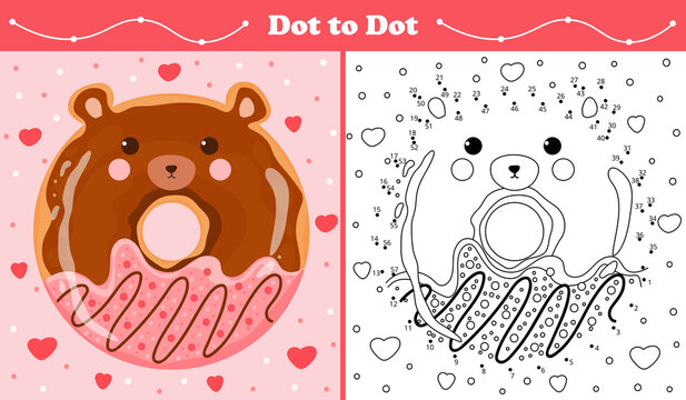 Educational coloring page with dot to dot puzzle for kids with bear shape sweet donut in cartoon style, printable worksheet in childish style for children books