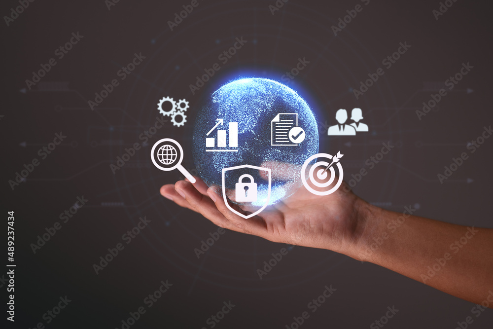 Poster the virtual world digital online is held by a businessman. for facilitating access to data, innovati