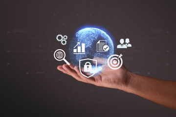 The virtual world digital online is held by a businessman. For facilitating access to data, innovation, and technology. Business, digital networking, and the internet.