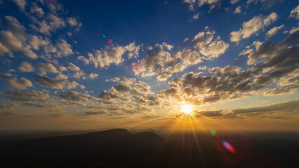 Morning atmosphere with the orange, yellow, red light of the sun at Pha Mor E Daeng, Sisaket Province, Thailand © Sun Image