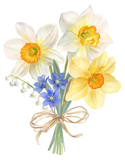 Obraz na płótnie Canvas Spring flowers, bouquet with daffodils, watercolor illustration