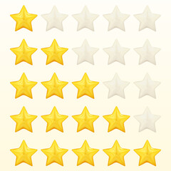 Five yellow stars glossy colors. Achievements for games. Customer rating feedback concept from client about employee of website. 3d design. Vector illustration.