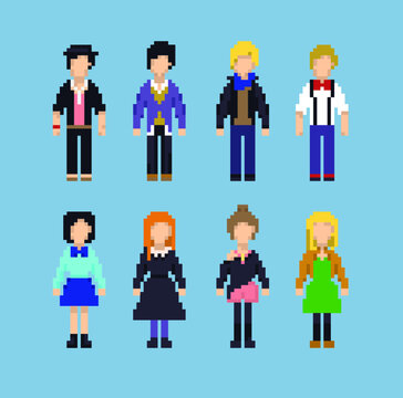Pixel set of young people vector image