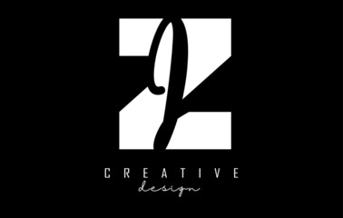 White and Black Letters ZI Logo with a minimalist design. Letters Z and i with geometric and handwritten typography.