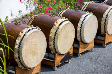 Wood and leather made Drum display  popular festival in India and Thailand. Traditional drummers...