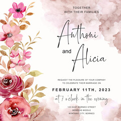 Wedding invitation card with watercolor rose flower