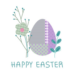 Happy Easter vector illustration with egg, composition flowers, and lettering in pastel tartan pattern flat design, POP ART style.