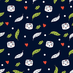 Cute kawaii Sushi, rolls, onigiri. Vector set. Japanese food with emotions, cartoon style. Green leaves and hearts. Colored vector seamless pattern. Blue background.
