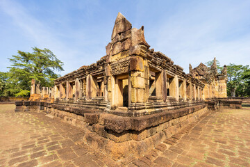 BURIRAM, THAILAND - December 4, 2021: Tourists visit the Khmer archaeological site of Prasat Muang Tam, Buriram Province, Thailand.