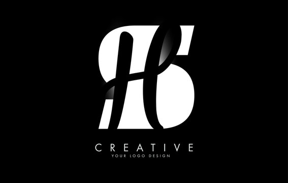 White and Black Letters SH Logo with a minimalist design. Letters S and H with geometric and handwritten typography.