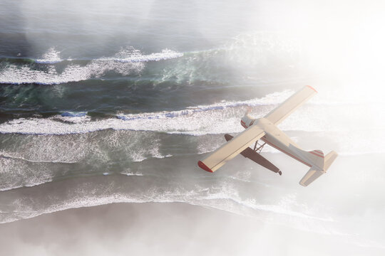 Seaplane Flying over the West Coast Pacific Ocean at sunset. Adventure Composite. 3D Rendering Airplane. Background Image from Tofino, Vancouver Island, British Columbia, Canada.