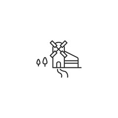 Windmill wheat flour factory line icon. Wind mill building farm