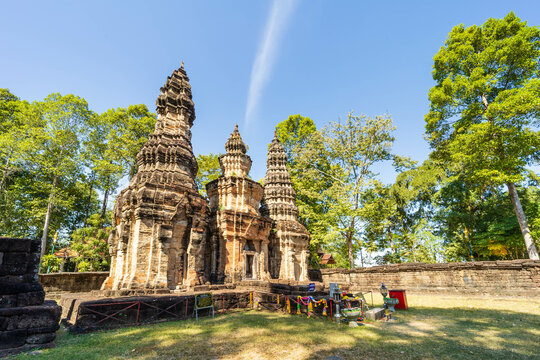 Sisaket, Thailand, December 16, 2021. Tourists visit Prasat Ban Prasat as architecture. Culture from Cambodia, Hinduism, made of sandstone and laterite of Thailand.