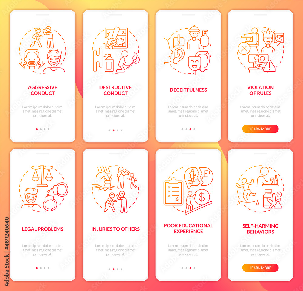 Poster conduct disorder red gradient onboarding mobile app screen set