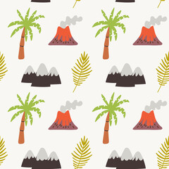 Seamless Pattern Palm mountains volcano © Anna Drozdova