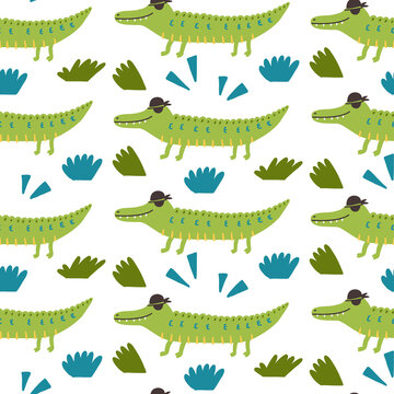 Seamless pattern green crocodile pirate