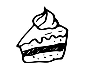 icon a piece of cake with icing and whipped cream or meringue on top. hand-drawn in the style of brownie doodle triangular piece of cakes and cream on top isolated black outline on white , side view f