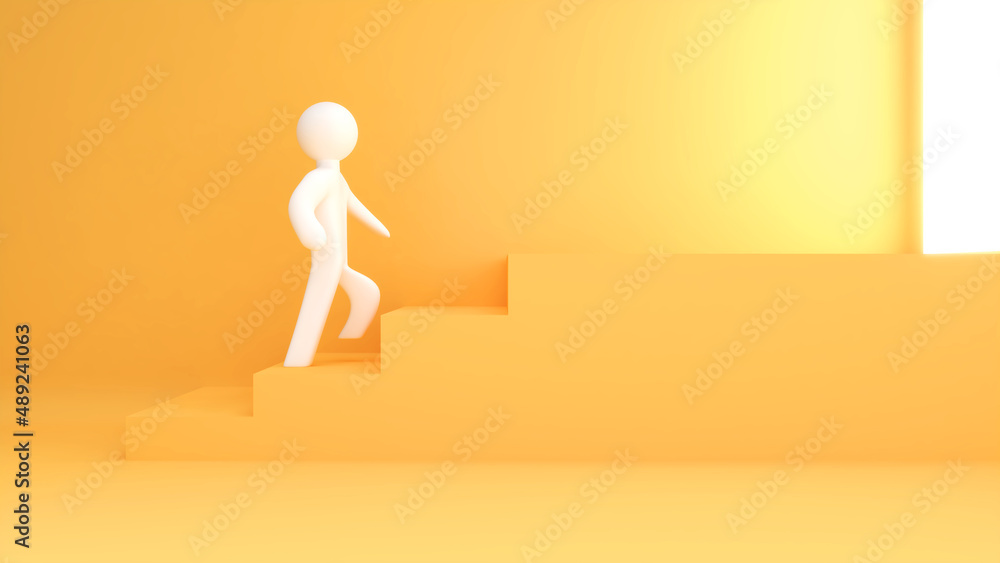 Poster step towards success,journey to the goal,corridor stairs on a yellow background,3d rendering
