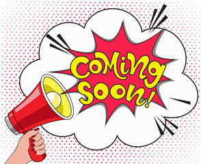Comic lettering coming soon. Vector bright cartoon illustration in retro pop art style. Comic text sound effects. EPS 10.	