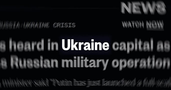 Ukraine text highlighted among random text, similar to newspaper articles in media across the globe. Russia - Ukrainian war concept, armed conflict.