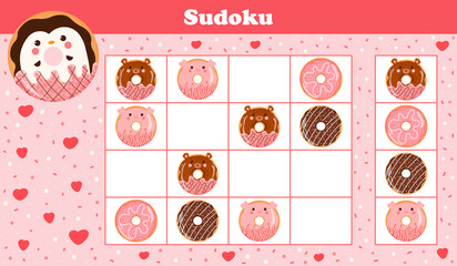 Printable sudoku worksheet for kids with cute animal donuts with penguin, pig and bear, puzzle for children book in cartoon style