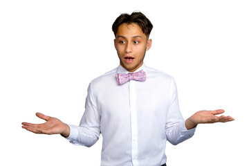 Latin man with surprised expression wearing pink bow tie and white shirt against a white background