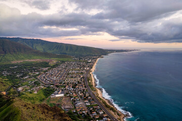Aerial sunset view of Nanakuli, Hawaii on the west coast of Oahu