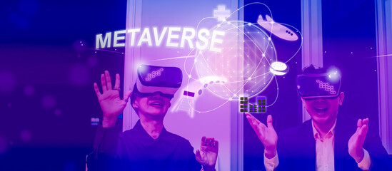 Fototapeta na wymiar Senior aging old Asian smart woman and young man wearing 3d Virtual reality or VR metaverse headset eyeglasses by AI, having fun and amusement, immersing entirely real world and environment outside.