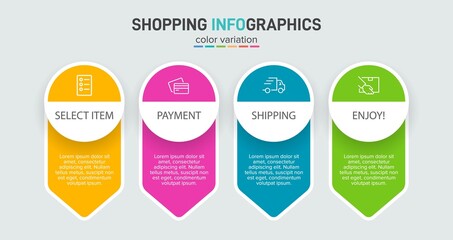 Concept of shopping process with 4 successive steps. Four colorful graphic elements. Timeline design for brochure, presentation, web site. Infographic design layout.