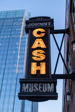 Nashville, Tennessee - January 10, 2022: Neon sign for the famous Johnny Cash Museum on lower Broadway