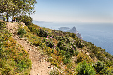 Sentier côtier sur une falaise au bord de la méditerranée avec au loin un rocher en forme de bec. La Ciotat vers le Cap Canaille et Bec de l'Aigle - obrazy, fototapety, plakaty