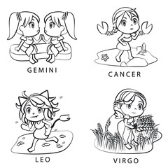 Cute Zodiac Collection girls set Gemini Cancer Leo Virgo Outline illustration