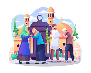 Muslim people celebrating Eid al-Fitr. The family greets each other and Tradition Apologizes while Eid Mubarak. Flat style vector illustration - obrazy, fototapety, plakaty